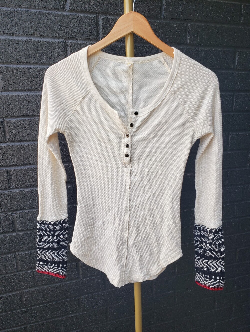 Free People Ski Lodge Alpine Thermal Cuff Henley Top Cream Black Small